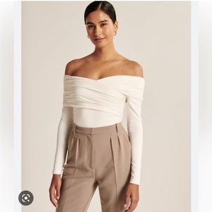 Abercrombie Long Sleeve Ruched Wrap Bodysuit Beige